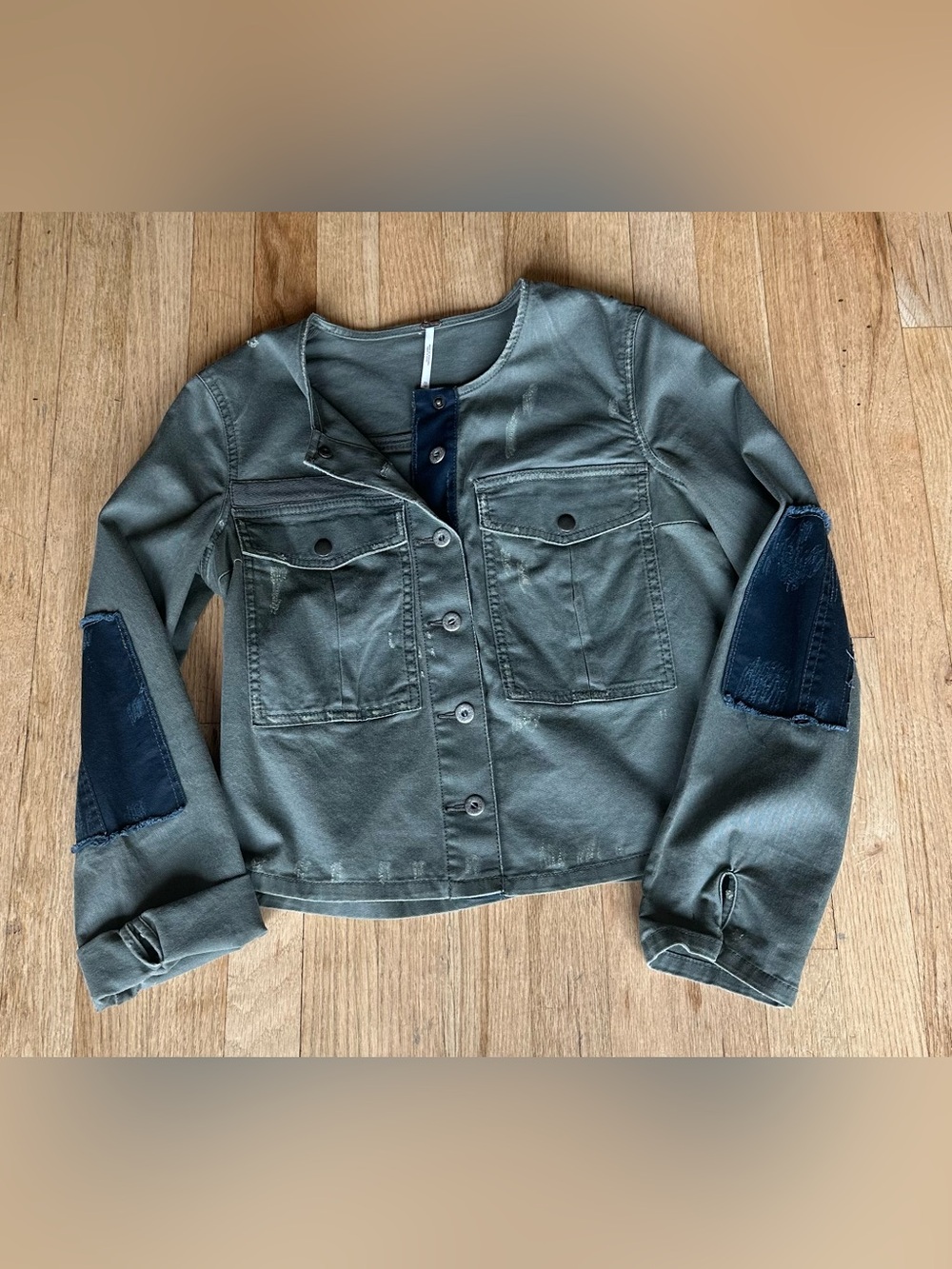 Free People LOU Olive Green/Black Accent Distressed Military Denim Jacket (XS)